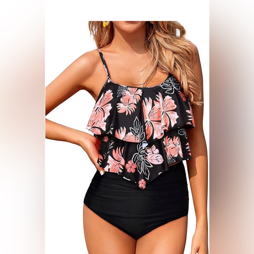 High Waisted Tummy Control Tankini Set Ruffle Floral Top Size Large